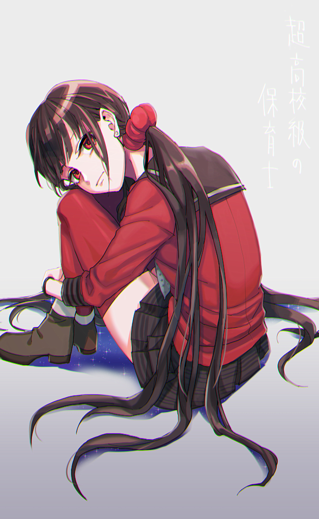 1girl black_sailor_collar brown_hair closed_mouth commentary_request danganronpa_(series) danganronpa_v3:_killing_harmony earrings eyelashes from_side frown gradient_background grey_background hair_ornament hair_scrunchie harukawa_maki hugging_own_legs jewelry knees_up long_hair long_sleeves looking_at_viewer low_twintails pleated_skirt red_eyes red_scrunchie red_shirt red_thighhighs sailor_collar school_uniform scrunchie shirt simple_background sitting skirt solo stud_earrings sunabu thighhighs twintails very_long_hair