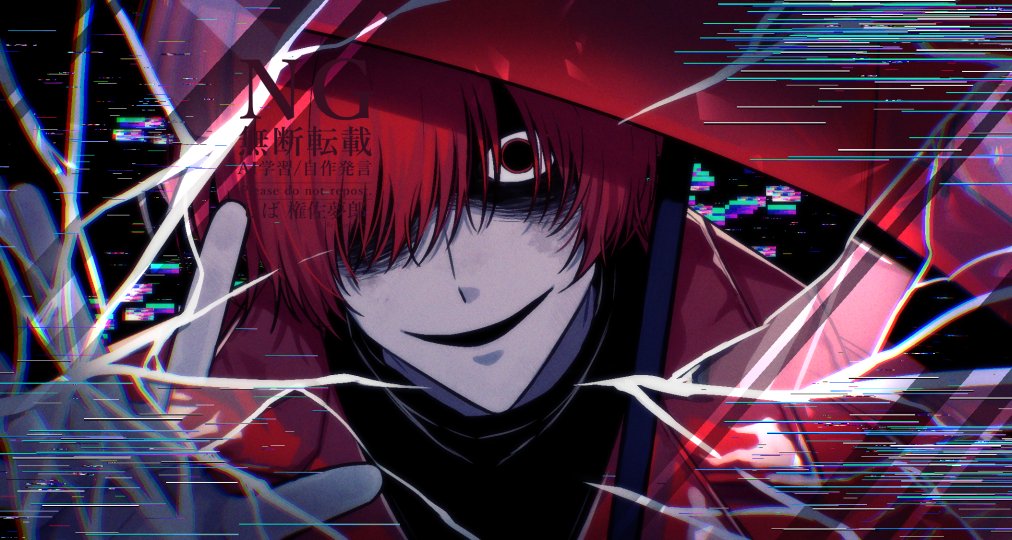 1boy against_glass coat commentary_request crack cracked_glass dilated_pupils fourth_wall glitch hand_on_glass holding holding_umbrella homicipher looking_at_viewer male_focus mr._scarletella red_coat red_eyes red_hair red_umbrella short_hair sibagon_58 solo umbrella
