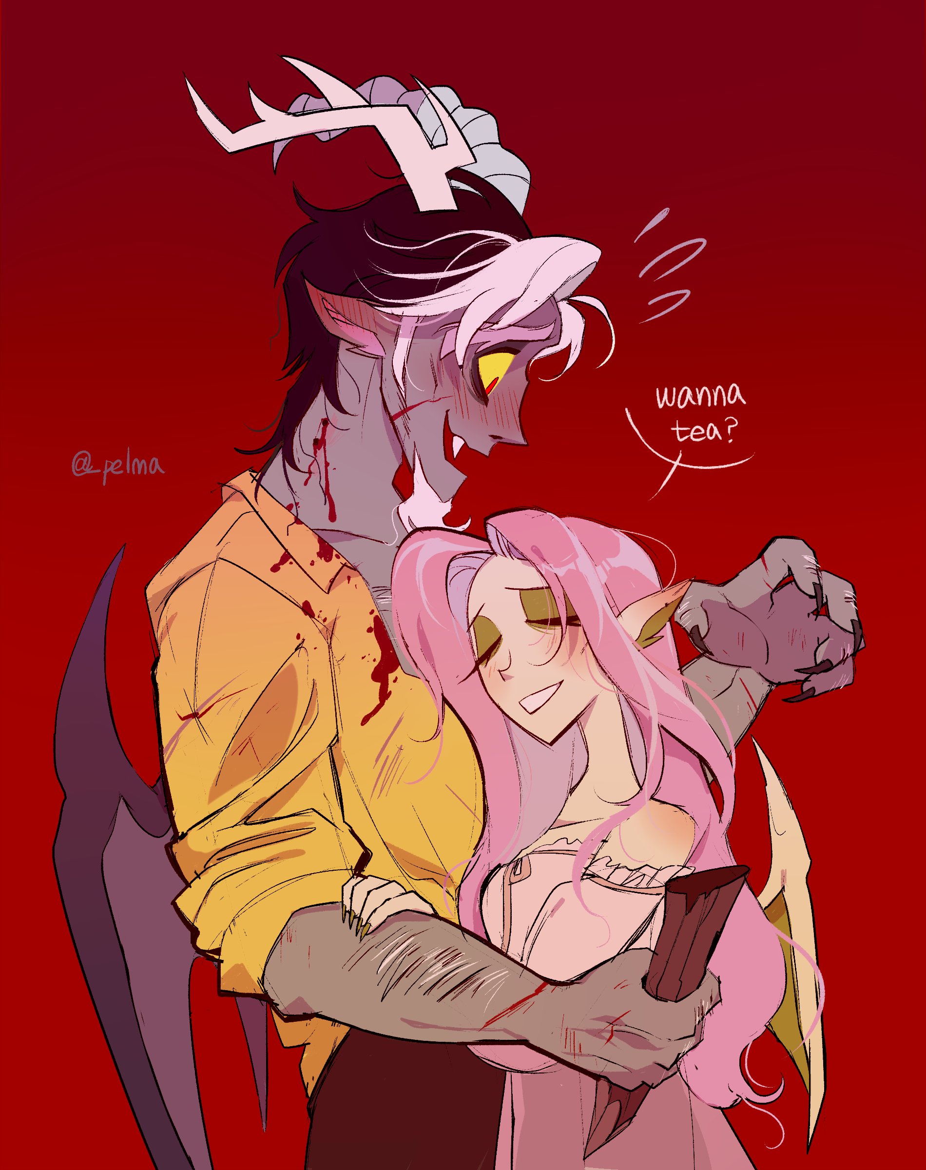 1boy 1girl absurdres arm_hair asymmetrical_horns bat_wings beard blood blood_on_clothes blood_on_face blush closed_eyes colored_sclera colored_skin discord_(my_little_pony) ear_blush eyeshadow facial_hair fangs flutterbat fluttershy flying_sweatdrops hetero highres holding horns long_hair makeup mismatched_horns multicolored_hair my_little_pony my_little_pony:_friendship_is_magic off_shoulder open_mouth pelma pink_hair pointy_ears red_background shirt sleeves_rolled_up smile stake streaked_hair vampire very_long_hair wings yellow_sclera yellow_shirt yellow_skin
