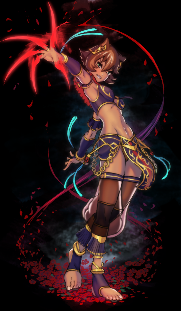 1girl black_background brown_hair claws dark_skin dark-skinned_female feet female_focus full_body gold grin hitomaruniigo jewelry midriff navel original pointy_hair smile solo toeless_legwear toes