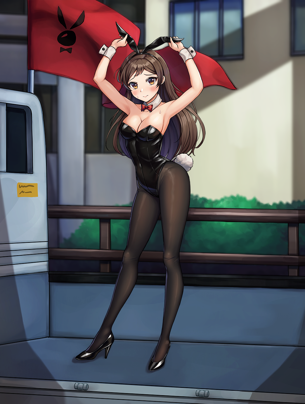 1girl animal_ears black_footwear black_leotard black_pantyhose bow bowtie breasts brown_eyes brown_hair building cleavage commentary_request detached_collar fake_animal_ears flag flag_on_vehicle full_body highres idolmaster idolmaster_million_live! kei_truck kitazawa_shiho leotard long_hair looking_at_viewer medium_breasts motor_vehicle pantyhose parted_bangs pickup_truck platform_truck playboy_bunny rabbit_ears rabbit_tail ransol red_bow red_bowtie solo standing strapless strapless_leotard tail truck wrist_cuffs