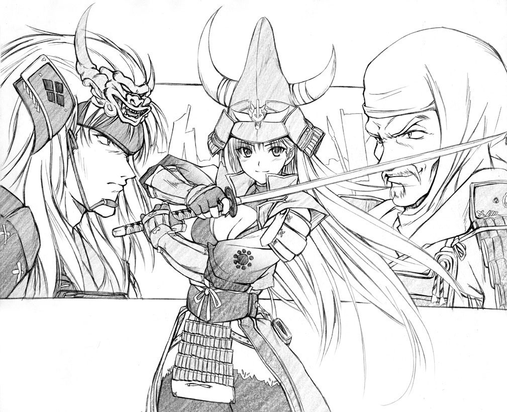 1girl 2boys armor breasts cleavage facial_hair gauntlets gloves goatee greyscale hat helmet hood horns hosokawa_gracia japanese_armor kabuto_(helmet) katana kote kusazuri long_hair monochrome multiple_boys mustache pauldrons samurai sengoku_musou sheath shoulder_armor smile sode sword takeda_shingen takeda_shingen_(sengoku_musou) uesugi_kenshin weapon you_yude