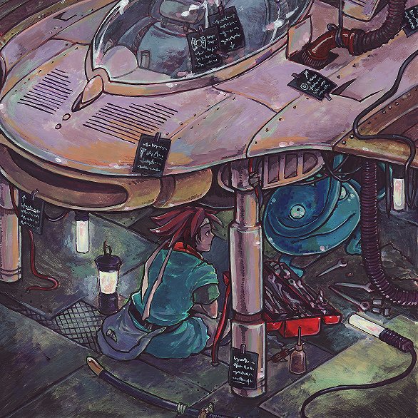 1990s_(style) 1boy belthasar blueprint_(object) chrono_(series) chrono_trigger creature crono_(chrono_trigger) epoch headband lamp maggie_(spaghetti_shoukougun) mechanic nu_(chrono_trigger) red_hair retro_artstyle sitting spiked_hair square_enix sword tools tube weapon