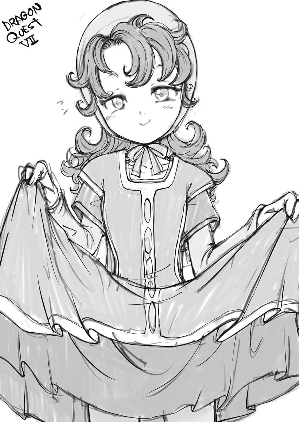1girl blush closed_mouth clothes_lift curly_hair dragon_quest dragon_quest_vii dress greyscale highres hood kajino_(aosansai) long_hair looking_at_viewer maribel_(dq7) monochrome simple_background skirt skirt_hold smile solo white_background