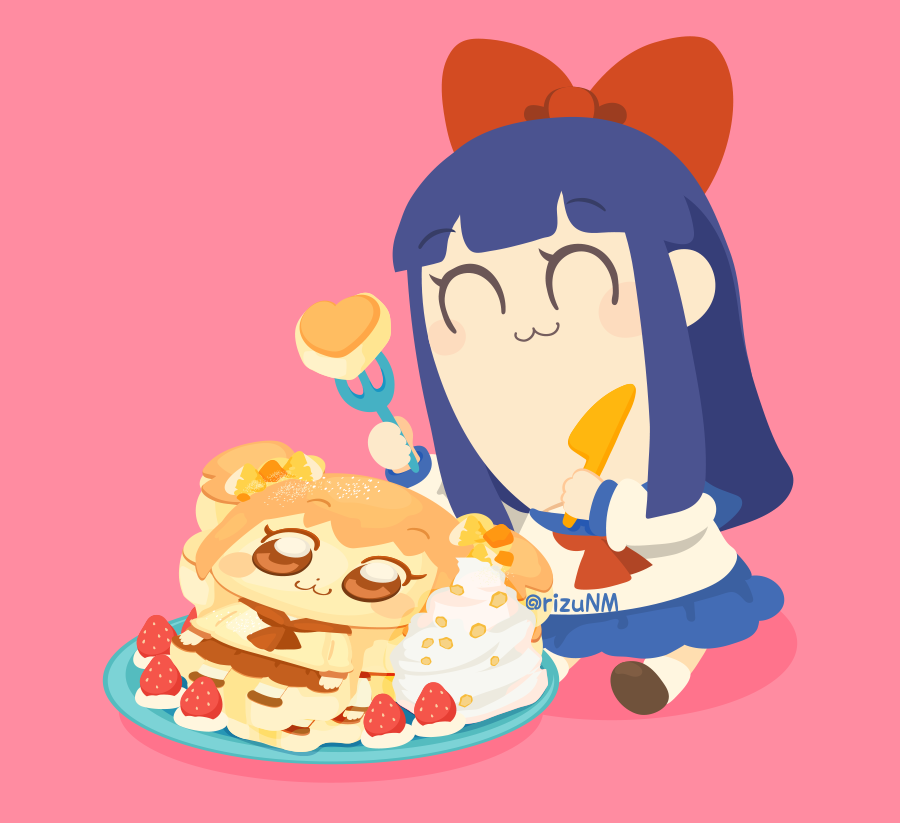 1girl :3 ^_^ artist_name blue_hair blue_sailor_collar blue_skirt blush blush_stickers bow brown_shoes character-themed_food closed_eyes closed_mouth commentary_request food fork fruit hair_bow hands_up holding holding_fork holding_knife knife long_hair long_sleeves neckerchief pancake pink_background pipimi plate poptepipic popuko red_bow red_neckerchief rizu_(rizunm) sailor_collar school_uniform serafuku shadow shirt shoes sidelocks simple_background sitting skirt smile socks solo strawberry twitter_username whipped_cream white_shirt white_socks