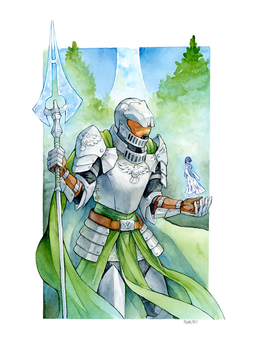 1boy 1girl adapted_weapon alternate_universe armor assault_visor blue_hair border brown_gloves cortana cuirass fantasy forst gauntlets gloves greaves halo:_combat_evolved halo_(series) helmet highres holding holding_polearm holding_weapon hologram knight lance looking_down male_focus master_chief open_hand outside_border painting_(medium) pauldrons polearm shoulder_armor solo_focus steamingteapot traditional_media tree type-1_energy_sword watercolor_(medium) weapon white_border