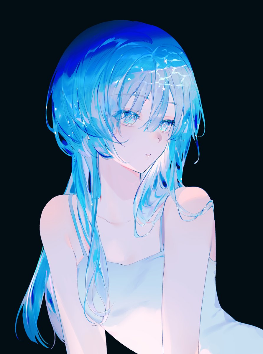 1girl achiki bare_shoulders black_background blue_eyes blue_hair expressionless highres long_hair original simple_background solo solo_focus tank_top