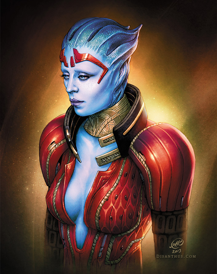 1girl alien artist_name asari_(mass_effect) blue_eyes blue_skin breasts colored_skin gold_collar mass_effect_(series) medium_breasts samara_(mass_effect) signature solo tinkarooni upper_body watermark web_address