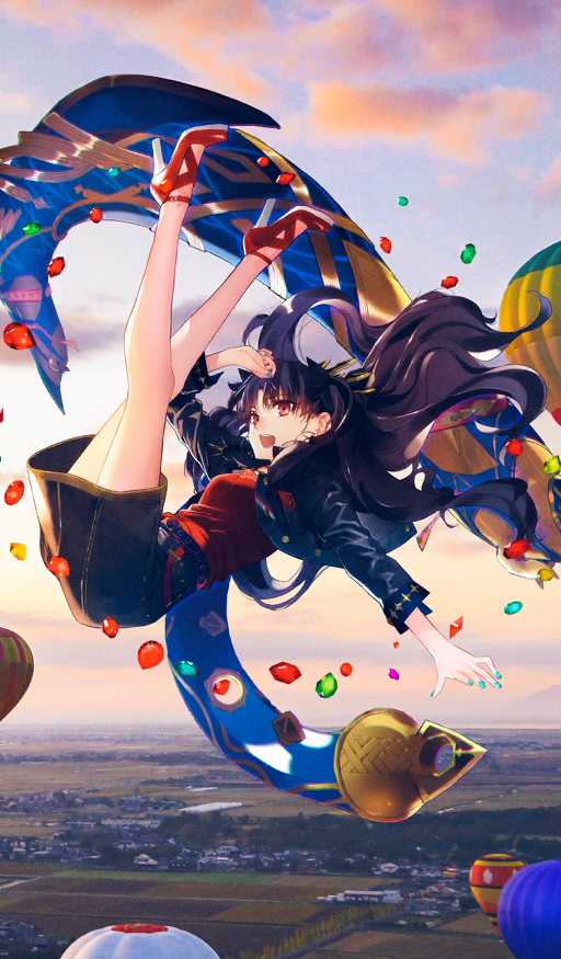 1girl aircraft aqua_gemstone aqua_nails bare_legs belt black_bow black_hair black_jacket black_skirt black_tiara bow breasts cloud commentary curtained_hair earrings fate/grand_order fate_(series) fingernails floating floating_hair flying gem gold_earrings green_gemstone hair_bow heavenly_boat_maanna high_heels hot_air_balloon ishtar_(fate) ishtar_(under_the_same_sky)_(fate) jacket jewelry legs_over_head long_hair long_sleeves midair miniskirt official_art open_clothes open_jacket open_mouth orange_gemstone outdoors photo_background pink_gemstone red_eyes red_gemstone red_shirt red_shoes shirt shoes skirt sky small_breasts smile solo teeth third-party_source tiara upper_teeth_only very_long_hair