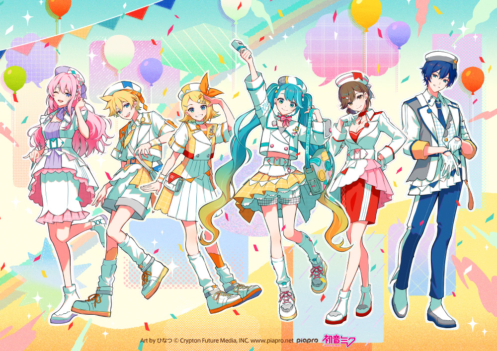 2boys 4girls :d ;d aqua_eyes aqua_hair artist_name asymmetrical_bangs asymmetrical_legwear balloon banner beret blonde_hair blue_eyes blue_hair blue_necktie blue_pants breasts brown_hair choker closed_mouth collared_shirt commentary_request confetti copyright_notice cropped_jacket dress foot_up full_body gloves gradient_hair grin hat hatsune_miku hinatsu holding holding_microphone jacket kagamine_len kagamine_rin kaito_(vocaloid) leg_warmers logo long_hair magical_mirai_(vocaloid) magical_mirai_kaito magical_mirai_kaito_(2024) magical_mirai_len magical_mirai_len_(2024) magical_mirai_luka magical_mirai_luka_(2024) magical_mirai_meiko magical_mirai_meiko_(2024) magical_mirai_miku magical_mirai_miku_(2024) magical_mirai_rin magical_mirai_rin_(2024) megurine_luka meiko_(vocaloid) microphone multicolored_hair multiple_boys multiple_girls necktie official_art one_eye_closed open_mouth outline pants pink_hair red_choker red_dress second-party_source shirt shoelaces shoes short_hair shorts skirt smile speech_bubble teeth thought_bubble twintails very_long_hair vocaloid white_gloves white_hat white_jacket white_leg_warmers white_outline white_shoes white_shorts yellow_necktie yellow_skirt