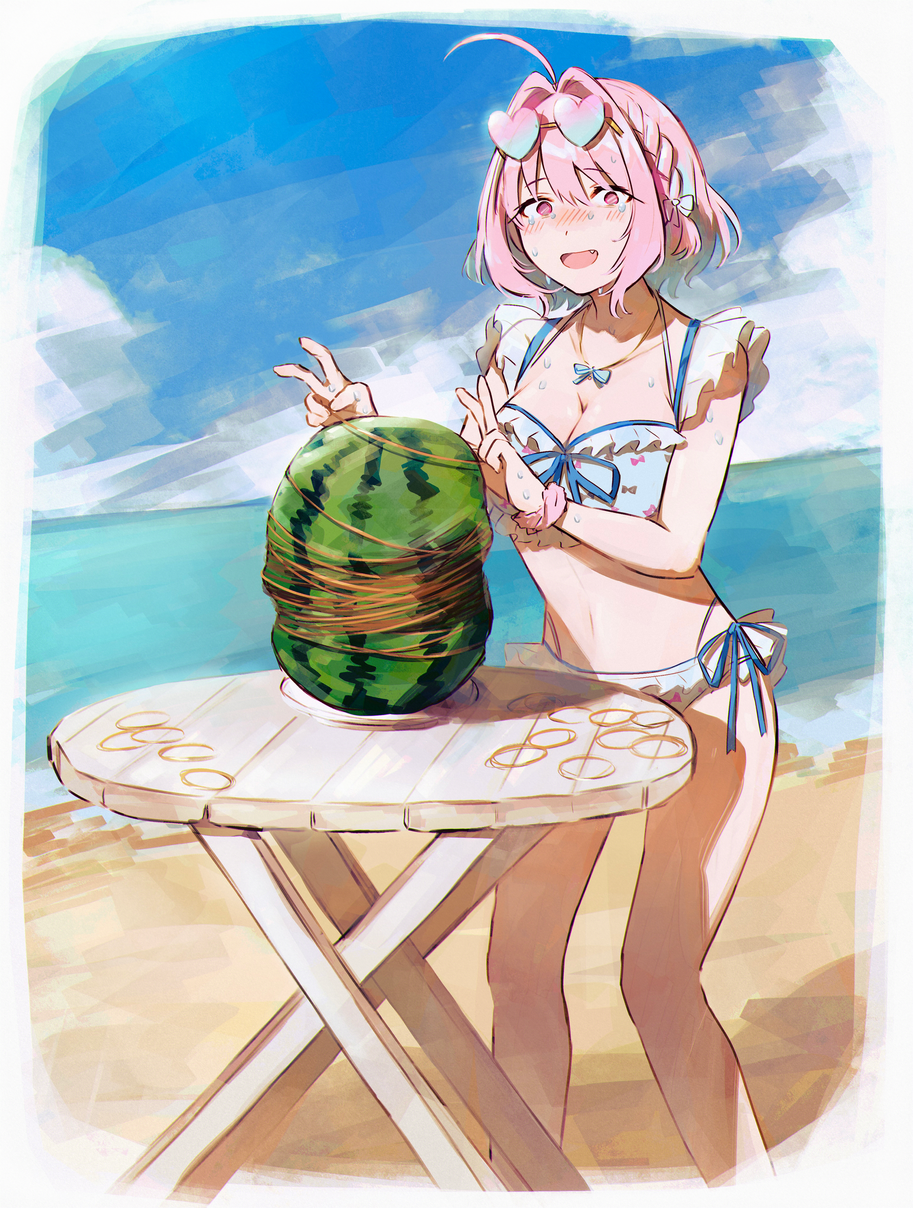 1girl absurdres ahoge bikini blue_bikini blue_hair blue_ribbon blue_sky blush braid breasts cloud crying crying_with_eyes_open day double_v empty_eyes exploding_watermelon_challenge eyewear_on_head fang feet_out_of_frame food frilled_bikini frills fruit hamachamu hands_up heart heart-shaped_eyewear highres idolmaster idolmaster_cinderella_girls large_breasts legs_apart looking_at_viewer multicolored_hair nose_blush open_mouth outdoors pink_eyes pink_hair ribbon rubber_band scrunchie single_braid sky solo standing sunglasses swimsuit table tears thighs two-tone_hair v watermelon wrist_scrunchie yumemi_riamu