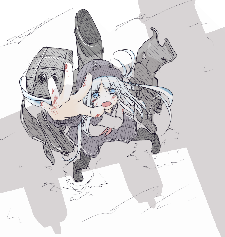 10s 1girl aircraft airplane anchor ascot b-17 black_pantyhose blood blue_eyes bomber female_focus foreshortening from_above hat hibiki_(kancolle) ikameshi_(ika_meshi) kantai_collection long_hair mikuma military military_vehicle pantyhose school_uniform serafuku shadow sketch solo white_hair