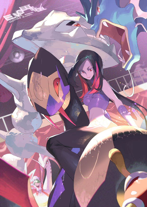 2girls artist_name black_hair closed_mouth crop_top e_volution eyelashes eyeshadow frontier_brain gen_1_pokemon gen_2_pokemon gen_3_pokemon gloves green_hair gyarados lipstick looking_down lucy_(pokemon) makeup milotic multicolored_hair multiple_girls nintendo pants pokemon pokemon_(creature) pokemon_emerald pokemon_rse purple_eyeshadow red_eyes seviper shuckle smile steelix
