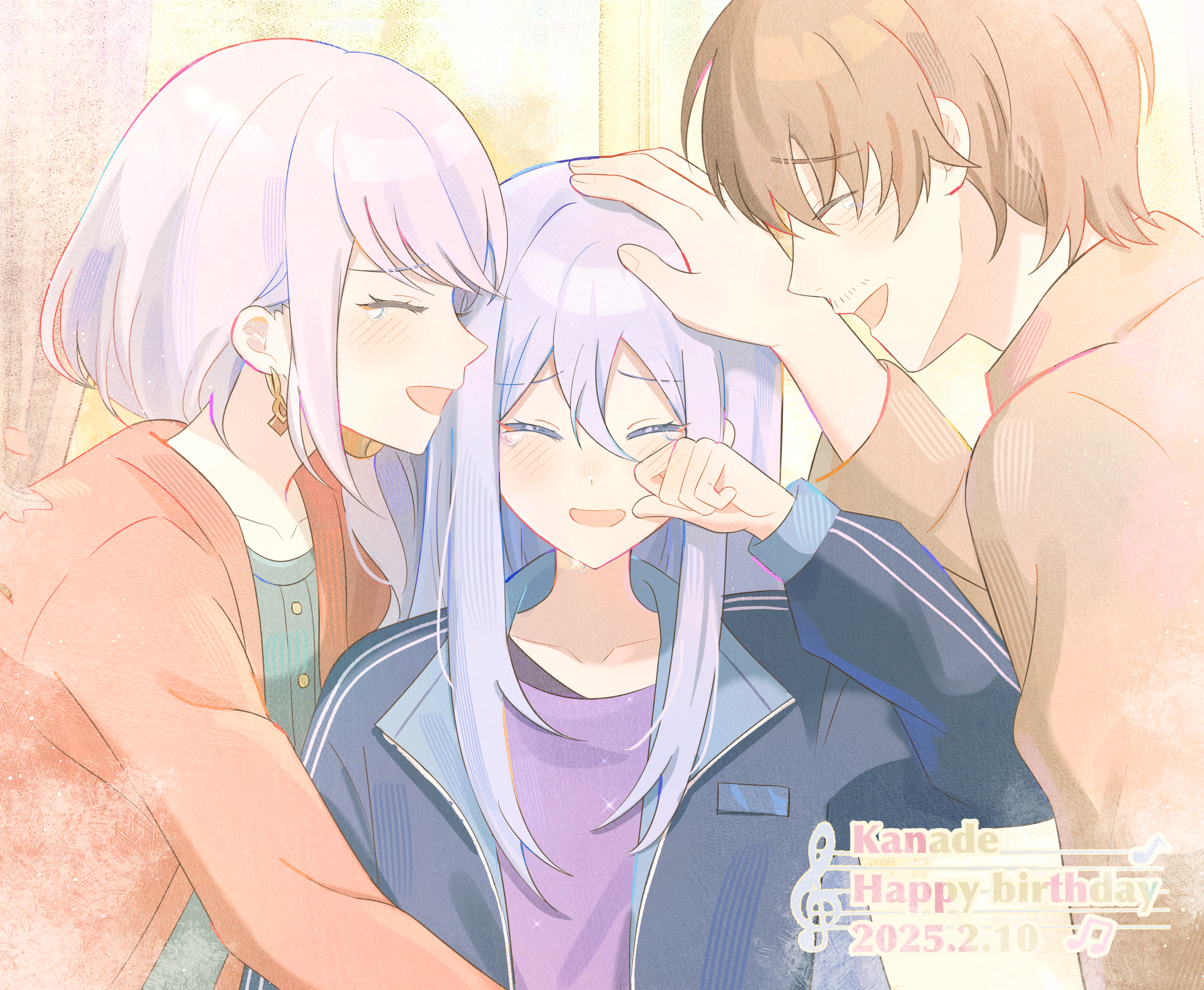 1boy 2girls absurdres black_tank_top blue_jacket blush brown_shirt cardigan character_name closed_eyes collarbone commentary_request crying dated earrings facial_hair family father_and_daughter green_shirt hair_between_eyes hair_over_shoulder hand_up happy_birthday headpat highres hug husband_and_wife jacket jewelry long_hair long_sleeves mother_and_daughter multiple_girls mustache_stubble open_cardigan open_clothes open_jacket open_mouth orange_cardigan ponytail project_sekai purple_shirt shirt short_hair sidelocks sinyu_u stubble swept_bangs tank_top tearing_up tears upper_body very_long_hair white_hair wiping_tears yoisaki_kanade yoisaki_kanade's_father yoisaki_kanade's_mother
