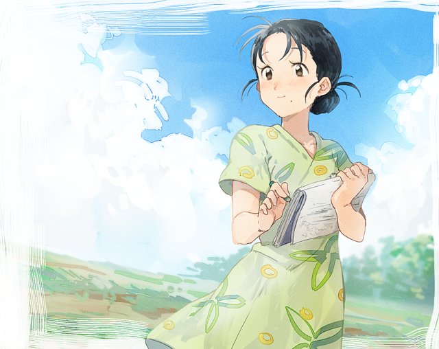 1girl black_hair blue_sky border brown_eyes closed_mouth clothes_lift cloud cloudy_sky collarbone colored_pencil day dress eyelashes facing_viewer floral_print flower green_dress green_flower hair_bun hands_up happy holding holding_notebook holding_pencil kono_sekai_no_katasumi_ni light_blush light_smile looking_afar mole mole_under_mouth notebook outdoors pencil riru short_sleeves single_hair_bun skirt skirt_lift sky solo standing upper_body urano_suzu white_border