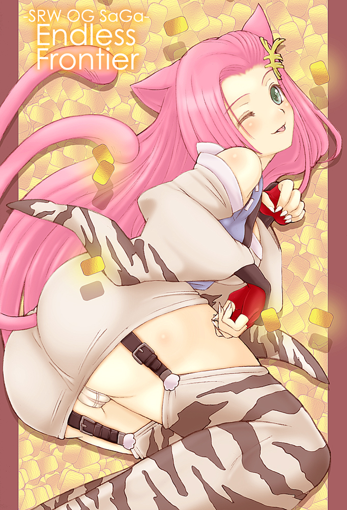 1girl :p ;p animal_ears ass bad_id bad_pixiv_id banpresto cat_ears cat_girl cat_tail coin female_focus fingerless_gloves garter_belt gloves gold green_eyes hair_ornament hairpin kannagi_kaname koma koma_(srw) long_hair money multiple_tails nekomata one_eye_closed panties pink_hair solo super_robot_wars super_robot_wars_og_saga_mugen_no_frontier tail thighhighs tongue tongue_out underwear wink yen zettai_ryouiki