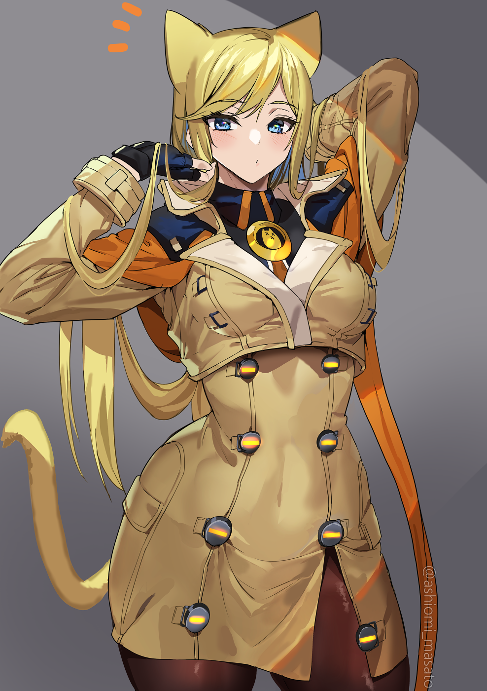 1girl animal_ears ashiomi_masato blonde_hair blue_eyes brown_pantyhose cat_day cat_ears cat_tail coat commentary_request fingerless_gloves gloves guilty_gear guilty_gear_strive highres long_hair millia_rage no_headwear pantyhose solo tail twitter_username watermark