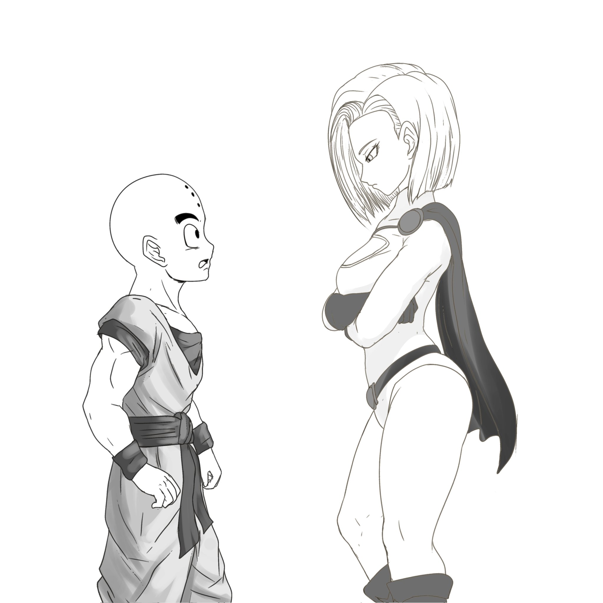 1boy 1girl android_18 ass bald bald_male black_eyes breasts cape cosplay couple crossed_arms dc_comics dragon_ball dragonball_z highres husband_and_wife ivyrandomart kuririn looking_down muscular muscular_male power_girl power_girl_(cosplay) superhero_costume superman_(series) surprised thick_thighs thighs white_background