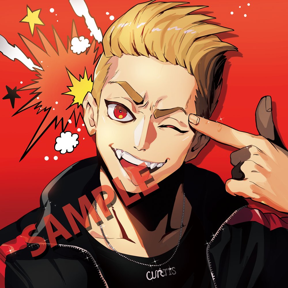 1boy black_sweater blonde_hair fangs grin jewelry long_sleeves looking_at_viewer male_focus necklace original puppeteer7777 red_background red_eyes short_hair simple_background smile solo sweater upper_body