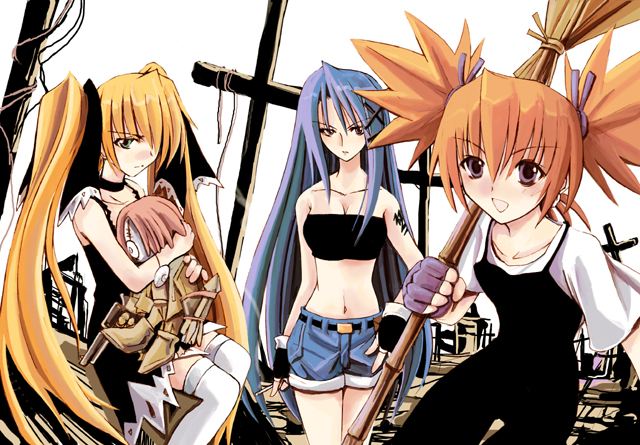 3girls blonde_hair blue_hair broom chuck_(shaman_king) cross fingerless_gloves gloves hanagumi holding holding_broom kanna_bismarch kotonemaru latin_cross long_hair marion_phauna matilda_matisse midriff multiple_girls orange_hair shaman_king thighhighs twintails very_long_hair