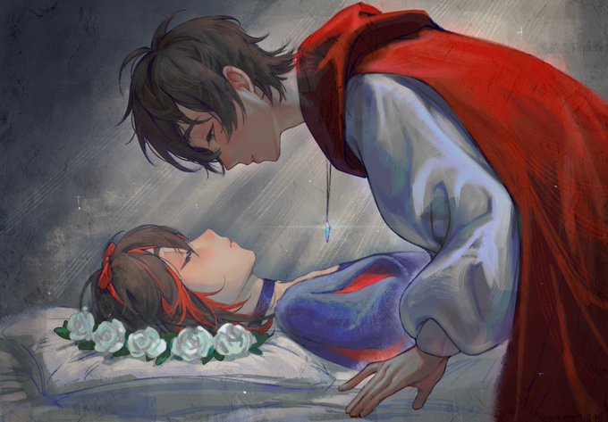 2boys bow brown_eyes brown_hair cape chenyao4444444 choker closed_eyes cosplay crossdressing crystal eiden_(nu_carnival) flower flower_wreath head_on_pillow hood hood_down jewelry leaning leaning_forward long_sleeves looking_at_another lying male_focus multicolored_hair multiple_boys necklace nu_carnival on_back pillow puffy_long_sleeves puffy_short_sleeves puffy_sleeves red_eyes short_hair short_sleeves sleeping snow_white_(cosplay) snow_white_(disney) snow_white_(disney)_(cosplay) yakumo_(nu_carnival)