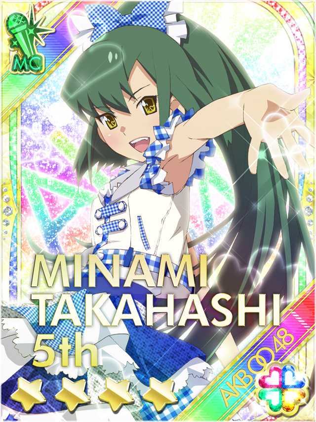 1girl :d akb0048 blue_bow blue_dress bow card_(medium) character_name copyright_name cowboy_shot dress from_side gingham_bow gingham_dress green_hair hair_bow heart high_ponytail idol_clothes jacket long_hair looking_at_viewer non-circular_lens_flare non-web_source official_art open_mouth outstretched_arms ponytail short_sleeves smile solo sparkle standing star_(symbol) takahashi_minami_(akb0048) teeth upper_teeth_only very_long_hair white_jacket yellow_eyes