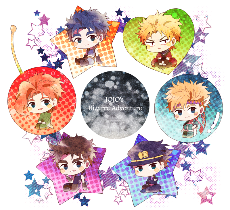 backpack bad_id bad_pixiv_id bag birthmark blonde_hair blue_eyes blue_hair blush_stickers boots brown_footwear brown_hair caesar_anthonio_zeppeli chain chibi copyright_name crossed_arms dio_brando earrings fingerless_gloves gakuran gloves halftone hat headband heart hugging_own_legs indian_style jewelry jojo_no_kimyou_na_bouken jonathan_joestar joseph_joestar joseph_joestar_(young) kakyoin_noriaki kuujou_joutarou open_mouth red_eyes red_hair school_uniform seiza shuntaro_(syun_gaomu) sitting smile star_(symbol) tank_top v winged_hair_ornament