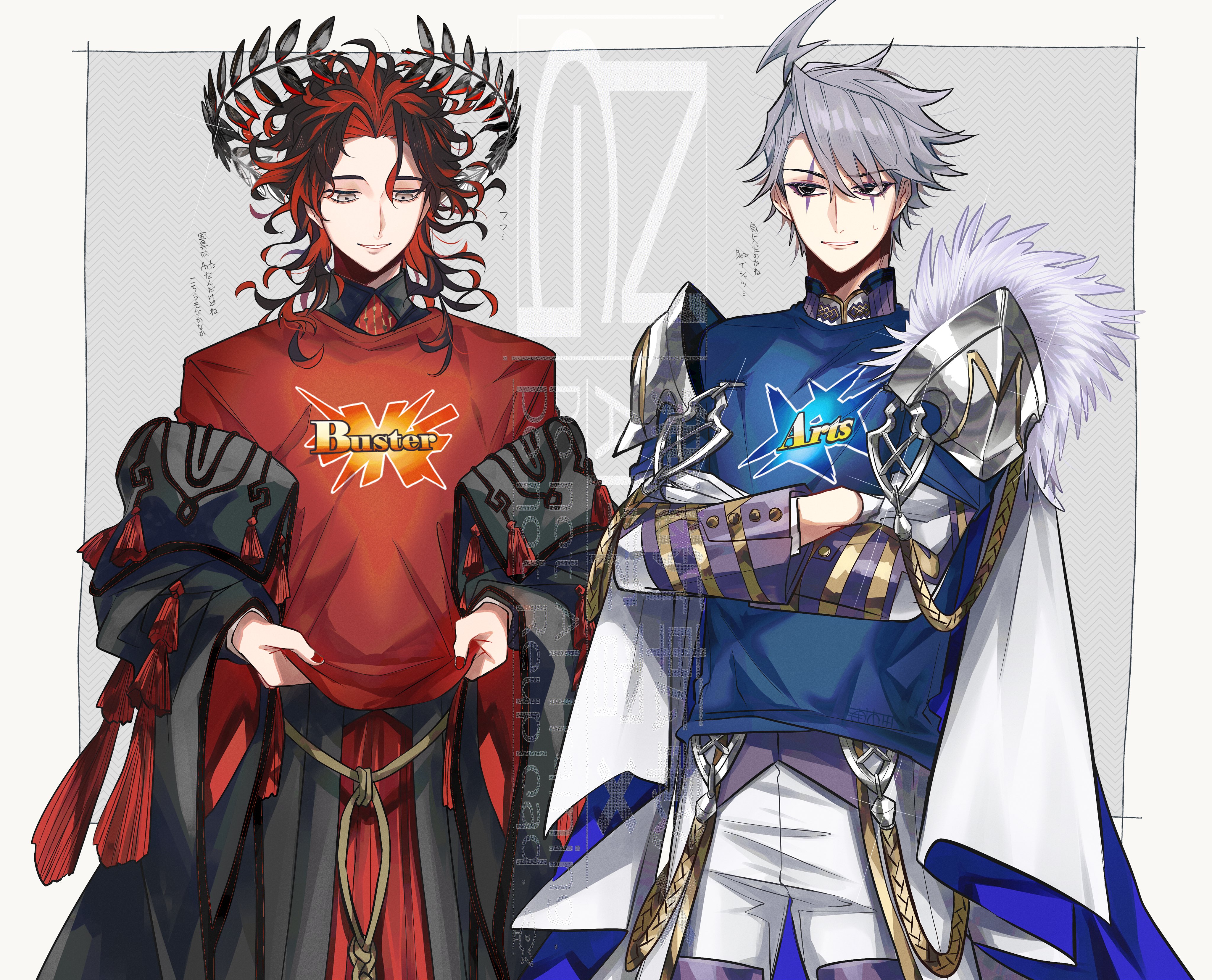 2boys absurdres ahoge arts_shirt black_eyes black_hair black_robe buster_shirt crossed_arms curly_hair dante_alighieri_(fate) dante_alighieri_(third_ascension)_(fate) facial_mark fate/grand_order fate_(series) floating_crown gloves grey_eyes grey_hair highres james_moriarty_(ruler)_(fate) laurel_crown lightning_ahoge long_sleeves male_focus medium_hair multicolored_hair multiple_boys off_shoulder red_hair red_nails robe shirt short_hair smile two-tone_hair u_5ham0