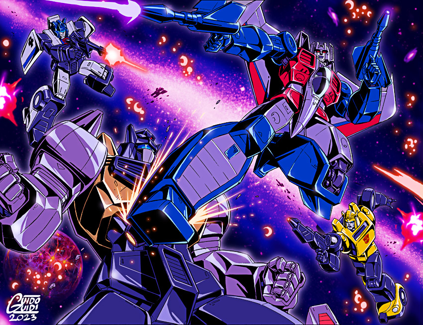2023 artist_name assault_visor autobot battle blue_eyes bumblebee_(transformers) decepticon dual_wielding explosion firing grimlock guido_guidi gun holding holding_gun holding_weapon horns jazz_(transformers) kicking laser mecha no_humans open_mouth planet red_eyes robot science_fiction space starscream transformers transformers_victory weapon