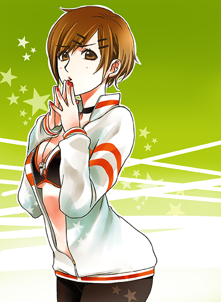 1girl bikini bra breasts brown_eyes brown_hair cleavage commentary_request hair_ornament hairclip large_breasts long_sleeves looking_at_viewer meiko_(vocaloid) nail_polish navel open_clothes open_shirt own_hands_together partially_unzipped project_diva_(series) project_diva_f red_nails short_hair sketch solo star_(symbol) swimsuit toyu underboob underwear vocaloid whistle meiko_(whistle)_(vocaloid) whistle_around_neck white_background