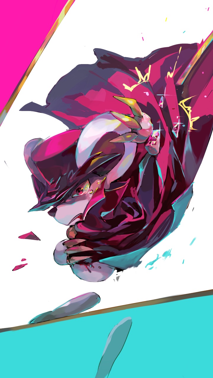 1boy akakiao_tea animal_ears blood blue_background claws cloak collared_cloak commentary_request crying crying_with_eyes_open daroach furry furry_male gold_trim hand_up hat high_collar highres injury kirby_(series) mouse_boy mouse_ears multicolored_background nintendo pink_background red_cloak red_eyes red_hat severed_hand solo tears top_hat white_background