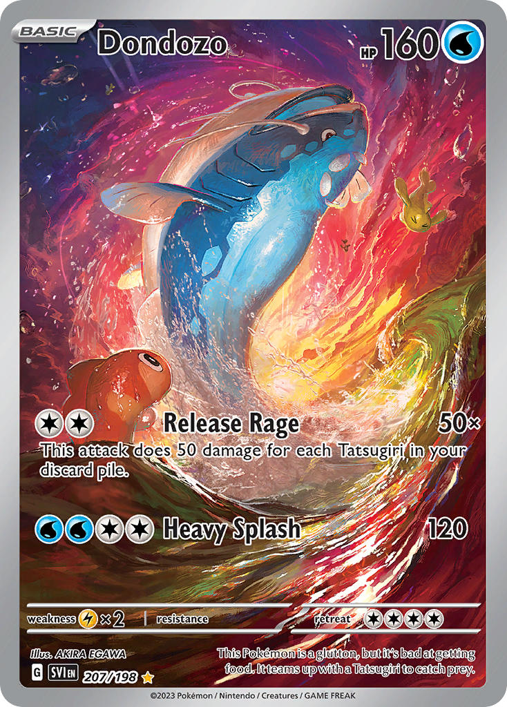 animal_focus artist_name card_(medium) character_name company_name copyright_name copyright_notice dondozo egawa_akira english_text fish nintendo no_humans official_art open_mouth pokemon pokemon_(creature) pokemon_card pokemon_focus pokemon_tcg splashing tatsugiri tatsugiri_(curly) tatsugiri_(stretchy) third-party_source trading_card water water_drop waves