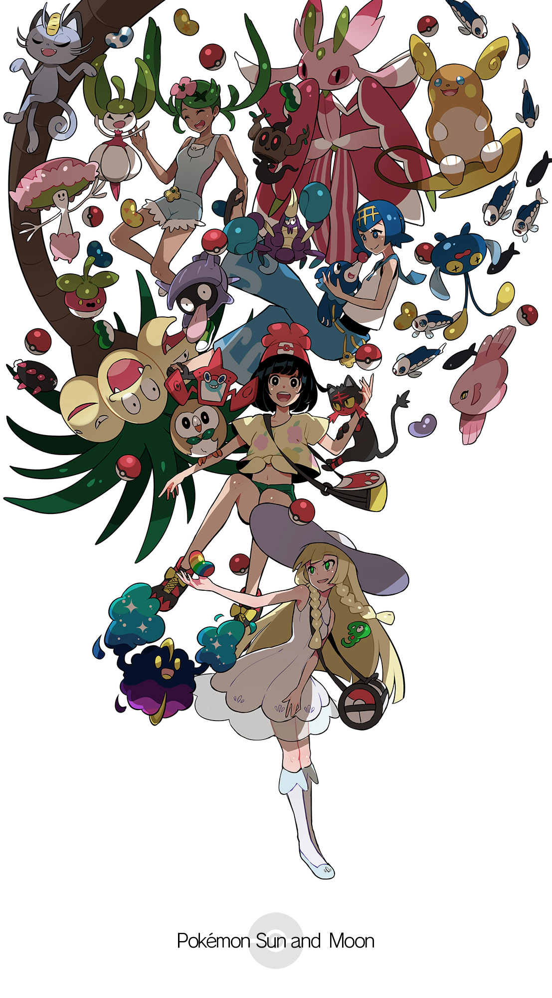 4girls alolan_exeggutor alolan_form alolan_meowth alolan_raichu alomomola beanie bounsweet chinchou copyright_name cosmog crabrawler full_body gen_1_pokemon gen_2_pokemon gen_4_pokemon gen_5_pokemon gen_6_pokemon gen_7_pokemon hat highres lam_(ramdayo) lana_(pokemon) legendary_pokemon lillie_(pokemon) litten lurantis mallow_(pokemon) multiple_girls nintendo phantump poke_ball poke_ball_(basic) poke_bean pokemon pokemon_(creature) pokemon_sm popplio pyukumuku red_hat rotom rotom_dex rowlet selene_(pokemon) shellder shiinotic simple_background starter_pokemon_trio steenee trial_captain white_background wishiwashi wishiwashi_(solo) zygarde zygarde_cell zygarde_core