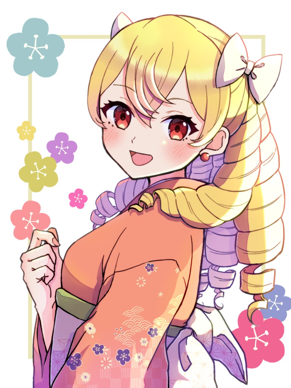 1girl alternate_costume blonde_hair drill_hair earrings fire_emblem fire_emblem_awakening floral_print gogatsu_(yeaholiday) hair_ribbon highres japanese_clothes jewelry kimono looking_at_viewer maribelle_(fire_emblem) nail_polish nintendo open_mouth pink_nails red_eyes ribbon smile solo upper_body