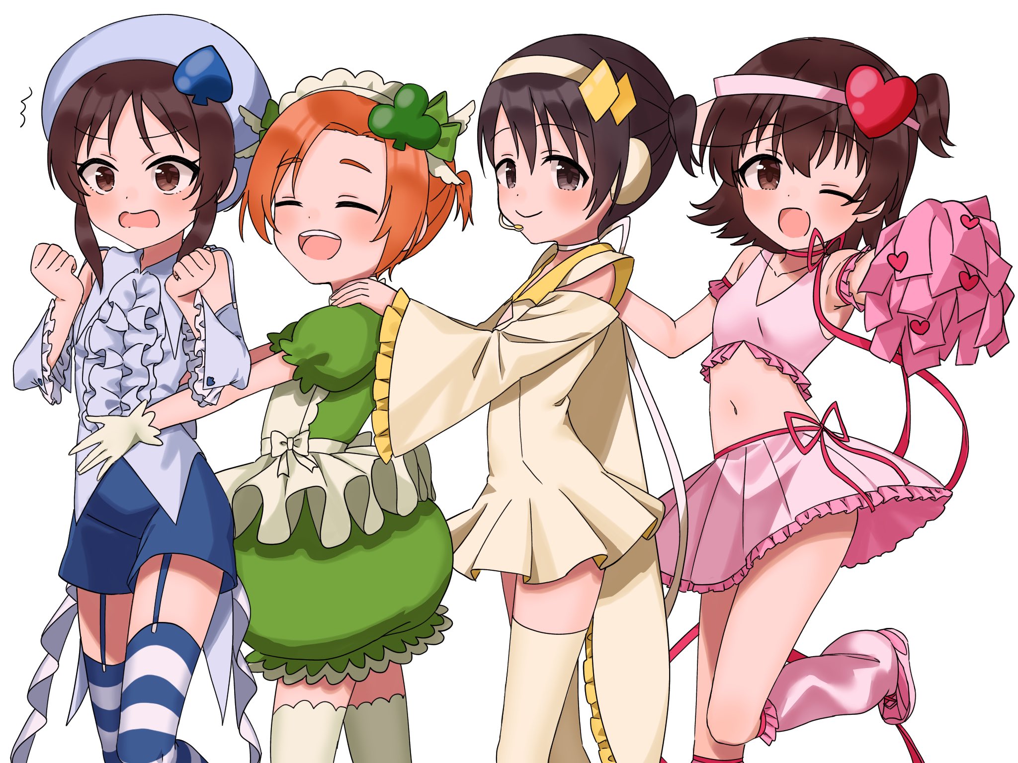 4girls akagi_miria amulet_clover amulet_clover_(cosplay) amulet_dia amulet_dia_(cosplay) amulet_heart amulet_heart_(cosplay) amulet_spade amulet_spade_(cosplay) black_eyes black_hair blue_headwear blue_shirt blue_shorts blush brown_eyes brown_hair clenched_hands closed_eyes clover_hair_ornament cosplay diamond_hair_ornament dot_nose dress flat_chest frilled_shirt frilled_sleeves frills garter_straps green_dress green_ribbon hair_ornament hairband hands_on_another&#039;s_shoulders hands_up hat heart heart_hair_ornament highres holding holding_pom_poms idolmaster idolmaster_cinderella_girls idolmaster_cinderella_girls_u149 long_sleeves looking_at_viewer maid_headdress miniskirt multiple_girls navel one_eye_closed open_mouth orange_hair pink_shirt pink_skirt pom_pom_(cheerleading) pom_poms puffy_short_sleeves puffy_sleeves ribbon ryuzaki_kaoru sasaki_chie shirt short_hair short_sleeves short_twintails shorts shugo_chara! sidelocks sinjin_46 skirt smile spade_hair_ornament stomach striped_clothes striped_thighhighs tachibana_arisu tank_top thighhighs twintails visor_cap white_background white_dress white_hairband white_thighhighs