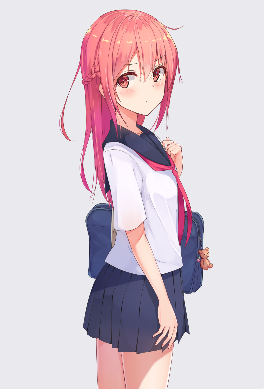 &gt;:/ 1girl :/ ahoge arm_at_side bad_id bad_pixiv_id bag bag_charm bear_charm blouse blue_skirt blush braid charm_(object) collarbone commentary cowboy_shot crown_braid female_focus from_side grey_background hachita_(odangoya) hair_between_eyes hand_up highres long_hair looking_at_viewer neckerchief original pleated_skirt pout red_eyes red_hair red_neckerchief school_bag school_uniform serafuku shirt short_sleeves shoulder_bag simple_background skirt solo stuffed_animal stuffed_toy teddy_bear v-shaped_eyebrows white_shirt
