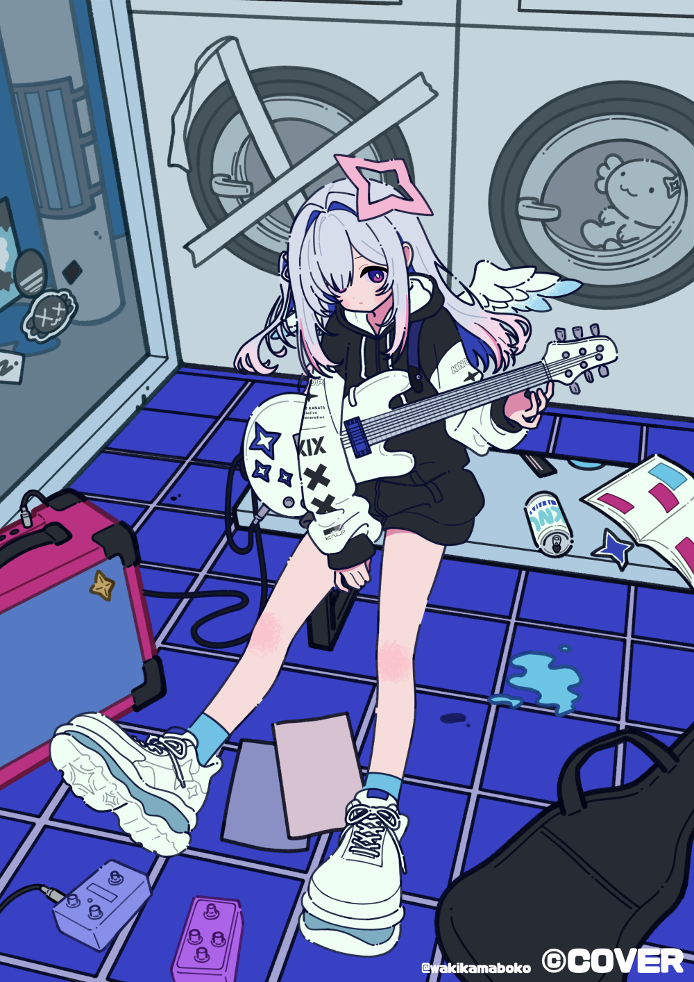 1girl amane_kanata blue_hair blue_socks blue_wings can commentary_request electric_guitar feathered_wings grey_hair guitar hair_intakes hair_over_one_eye halo highres holding holding_instrument hololive indoors instrument instrument_case long_hair long_sleeves mini_wings multicolored_hair neki_(wakiko) on_bench one_side_up puffy_long_sleeves puffy_sleeves purple_eyes shoe_soles shoes sitting sleeves_past_wrists socks solo two-tone_hair virtual_youtuber washing_machine white_shoes white_wings wings