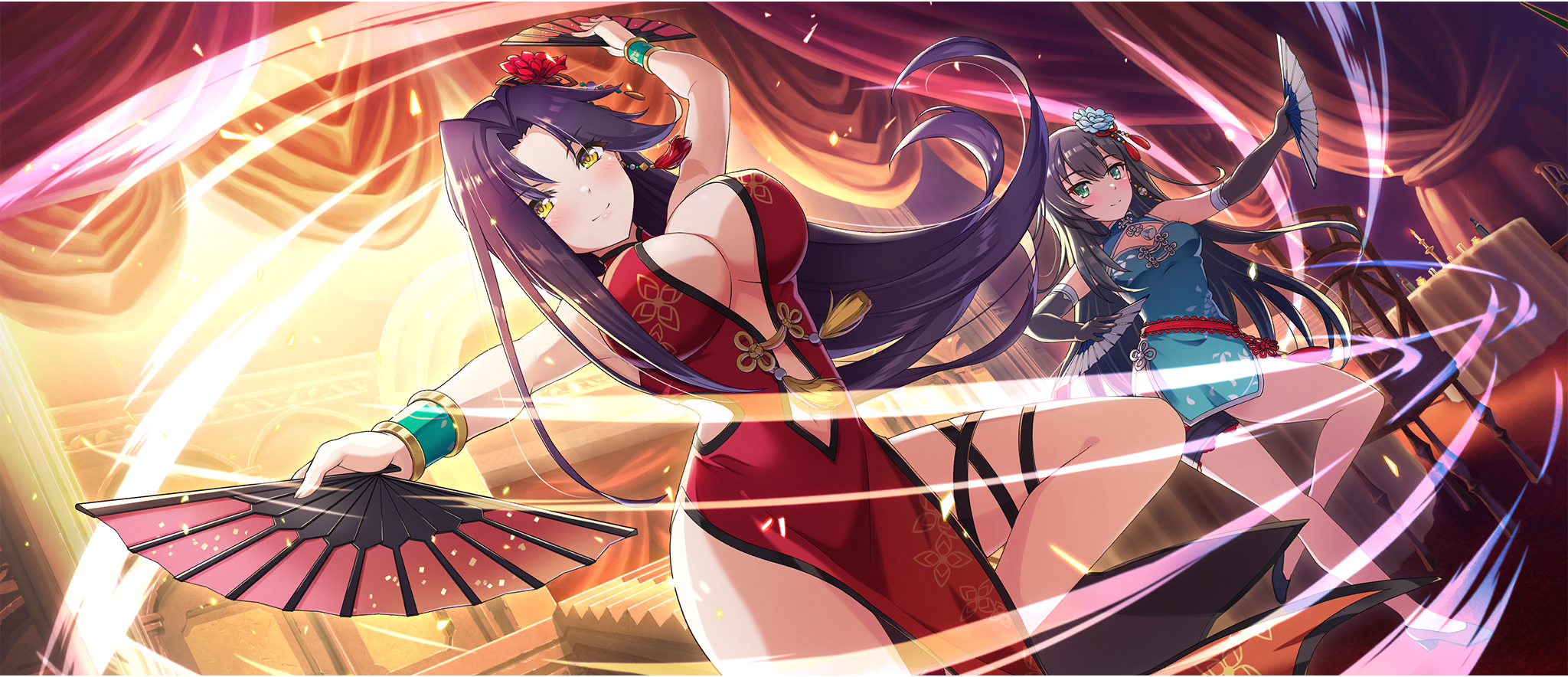 2girls arm_up armpit_crease asymmetrical_sidelocks bare_shoulders black_gloves black_hair blue_dress blue_flower bracelet breasts chair china_dress chinese_clothes cleavage cleavage_cutout clothing_cutout dress elbow_gloves flower from_below game_cg gloves green_eyes hair_flower hair_ornament hand_fan highleg highleg_dress highres holding holding_fan indoors jewelry kono_subarashii_sekai_ni_shukufuku_wo! konosuba!_fantastic_days large_breasts lia_(konosuba) light_blush light_smile long_hair looking_at_viewer looking_down medium_breasts melissa_(konosuba) multiple_girls navel navel_cutout official_alternate_costume official_art outstretched_arm parted_bangs red_dress red_flower side_cutout side_slit sidelocks sleeveless sleeveless_dress standing standing_on_one_leg table theater thigh_strap thighs underboob underboob_cutout yellow_eyes
