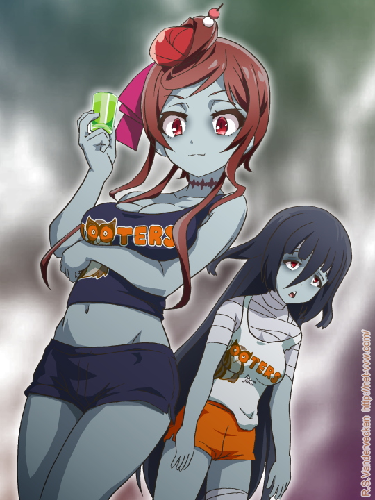 2girls bandabekken bandages bird black_hair breasts brown_hair cleavage clothes_writing cup hooters long_hair monster_girl multiple_girls owl scar scar_on_neck shirt short_shorts shorts sleeveless sleeveless_shirt yamada_tae yuugiri_(zombie_land_saga) zombie zombie_land_saga