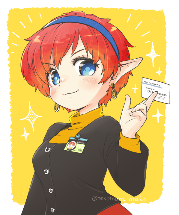 1girl between_fingers blue_eyes blush breasts card card_between_fingers chisato_madison closed_mouth earrings hairband holding holding_card id_card jewelry looking_at_viewer medium_breasts name_tag nekomura_otako pointy_ears reporter short_hair smile solo sparkle star_ocean star_ocean_the_second_story