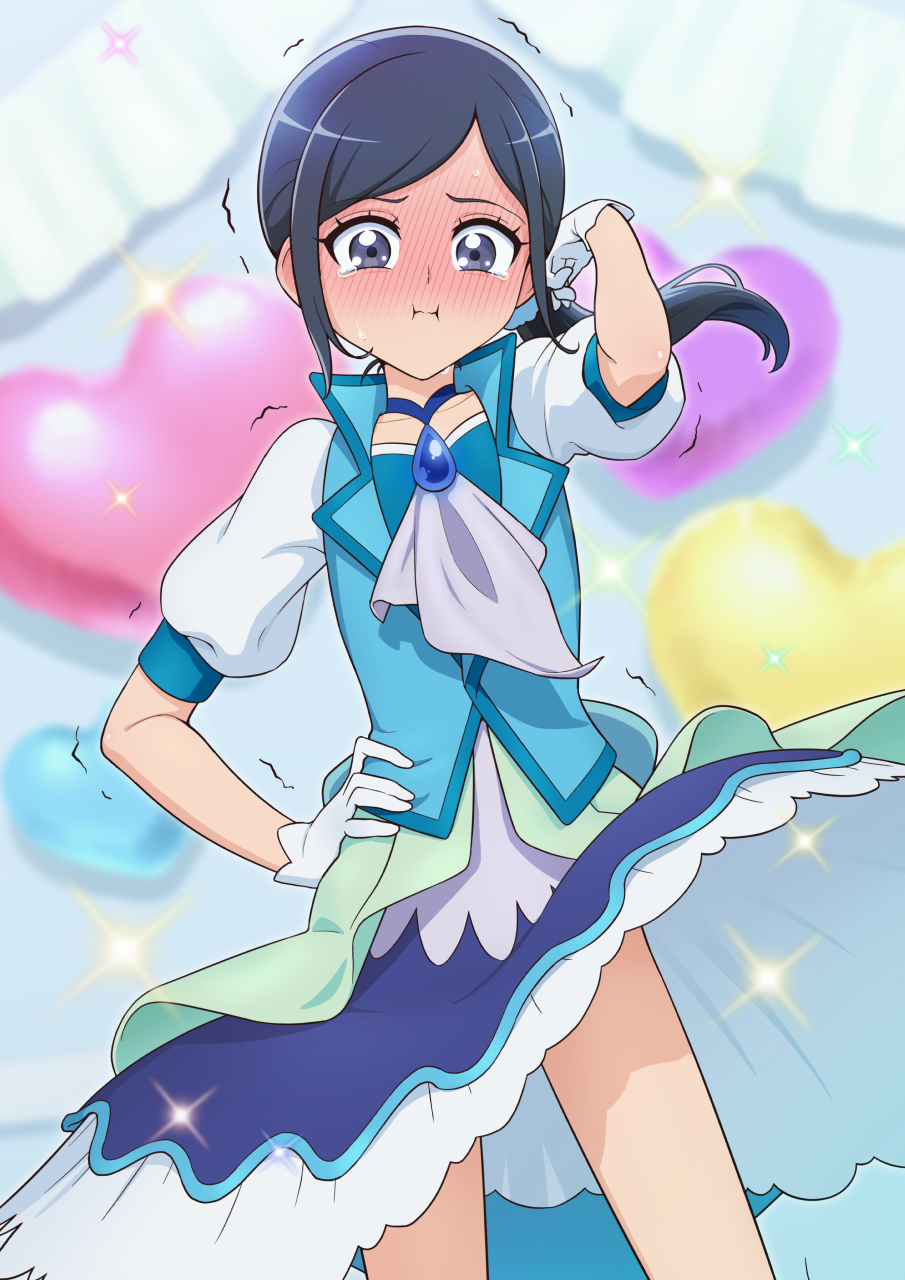 1girl ascot balloon black_hair blue_ascot blue_choker blue_dress blue_eyes blue_scrunchie blue_vest blurry blurry_background blush choker collarbone commentary cosplay cowboy_shot cure_fontaine cure_fontaine_(cosplay) dress dutch_angle embarrassed full-face_blush furrowed_brow gloves hair_ornament hair_scrunchie hand_on_own_hip hand_on_own_shoulder healin&#039;_good_precure heart heart_balloon highres indoors legs_apart long_hair looking_at_viewer magical_girl ponytail pout precure puffy_short_sleeves puffy_sleeves sawaizumi_chiyu scrunchie self_cosplay short_dress short_sleeves side_ponytail skirt skirt_flip solo sparkle standing sweat swept_bangs tearing_up tiler_(tiler00) trembling vest white_gloves