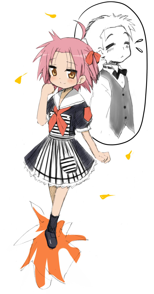 00s 1boy 1girl agenasu kogami_akira lucky_star pink_hair shiraishi_minoru short_hair simple_background smile white_background