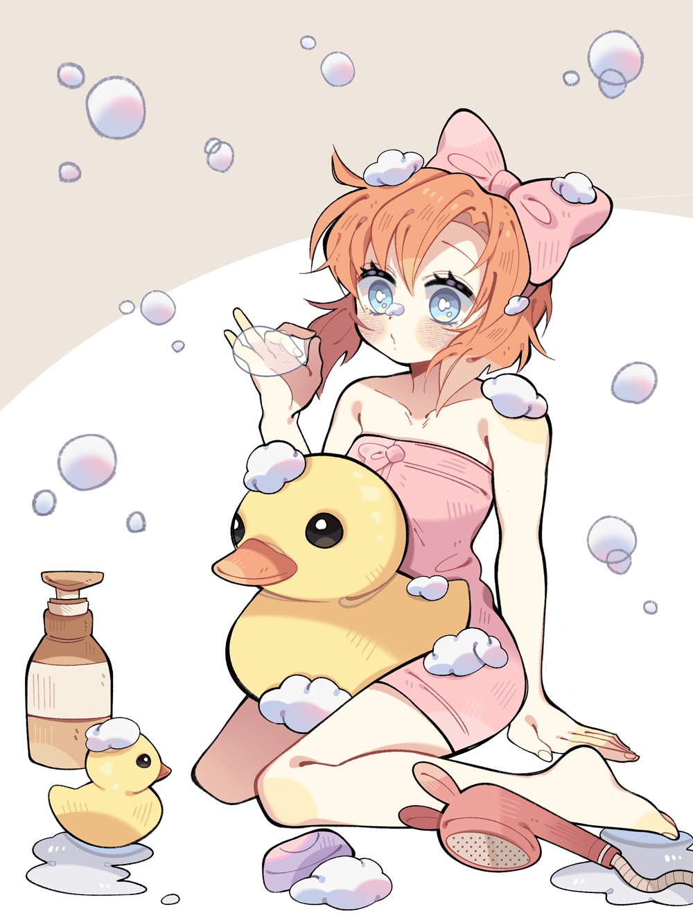 1girl arm_support bare_arms bare_shoulders barefoot blue_eyes bow brown_hair bubble collarbone grey_background hair_between_eyes hair_bow highres higurashi_no_naku_koro_ni ie_(nyj1815) naked_towel parted_bangs pink_bow rubber_duck ryuuguu_rena shower_head soap soap_bubbles solo towel two-tone_background white_background
