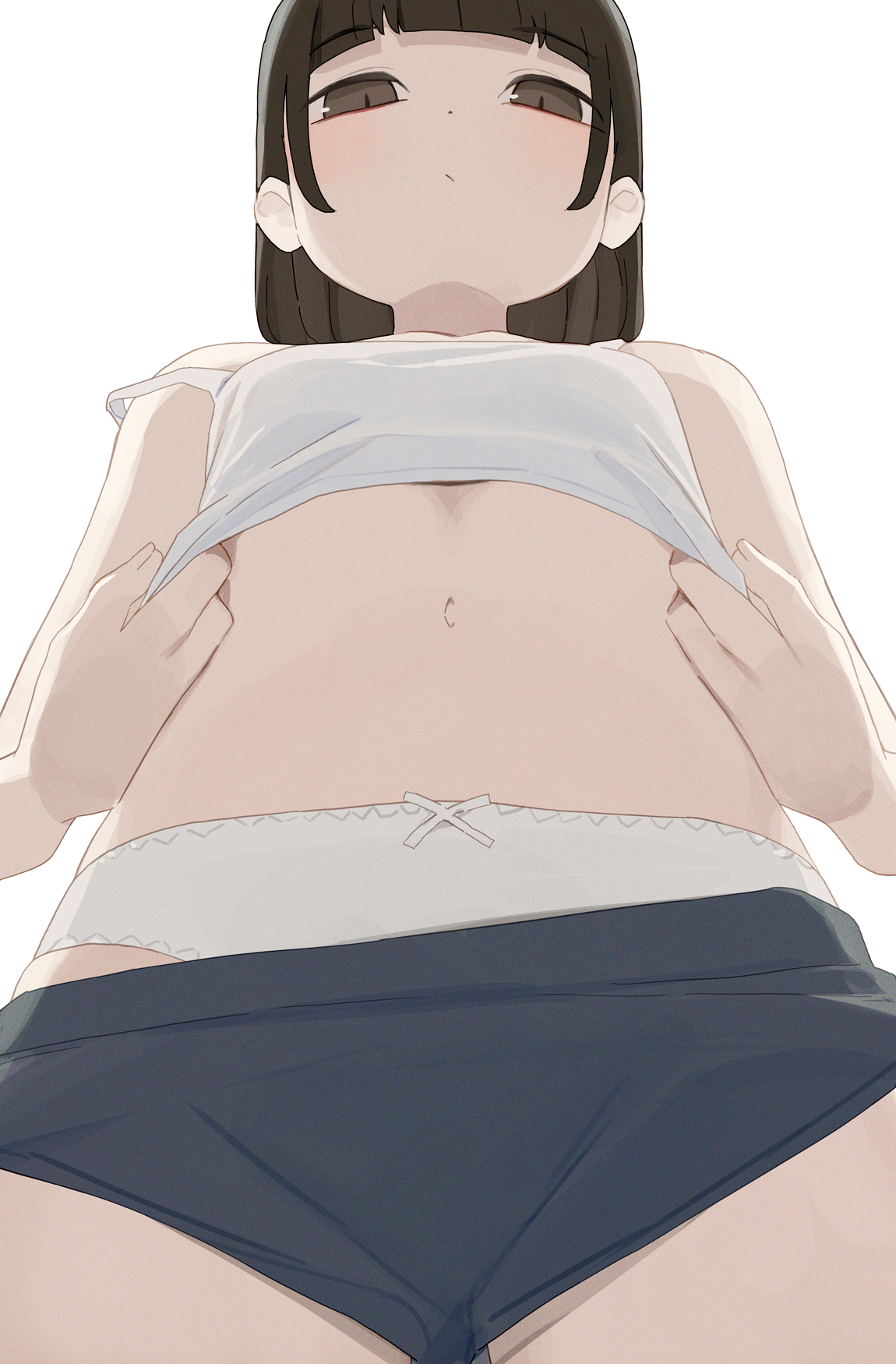 1girl black_eyes black_hair black_shorts bow bow_panties bra breasts brown_eyes closed_mouth clothes_pull commentary from_below highres hiroki_(yyqw7151) looking_at_viewer navel original panties short_hair shorts shorts_pull simple_background small_breasts solo strap_slip underwear white_background white_bow white_bra white_panties