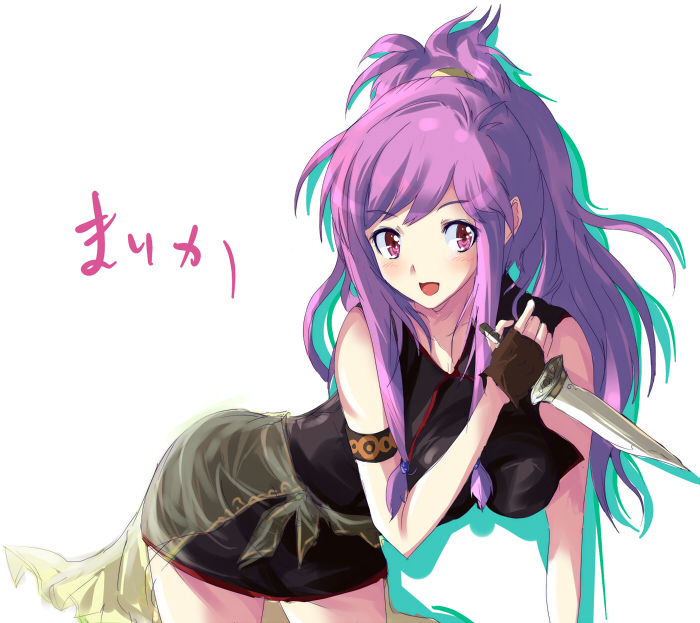 1girl all_fours armlet bad_id bad_pixiv_id blush breasts brown_gloves collarbone dress echizen_(hvcv) female_focus fingerless_gloves fire_emblem fire_emblem:_the_sacred_stones gloves high_ponytail holding holding_knife jewelry knife long_hair looking_at_viewer marisa_(fire_emblem) nintendo open_mouth ponytail purple_eyes purple_hair short_dress simple_background smile solo white_background