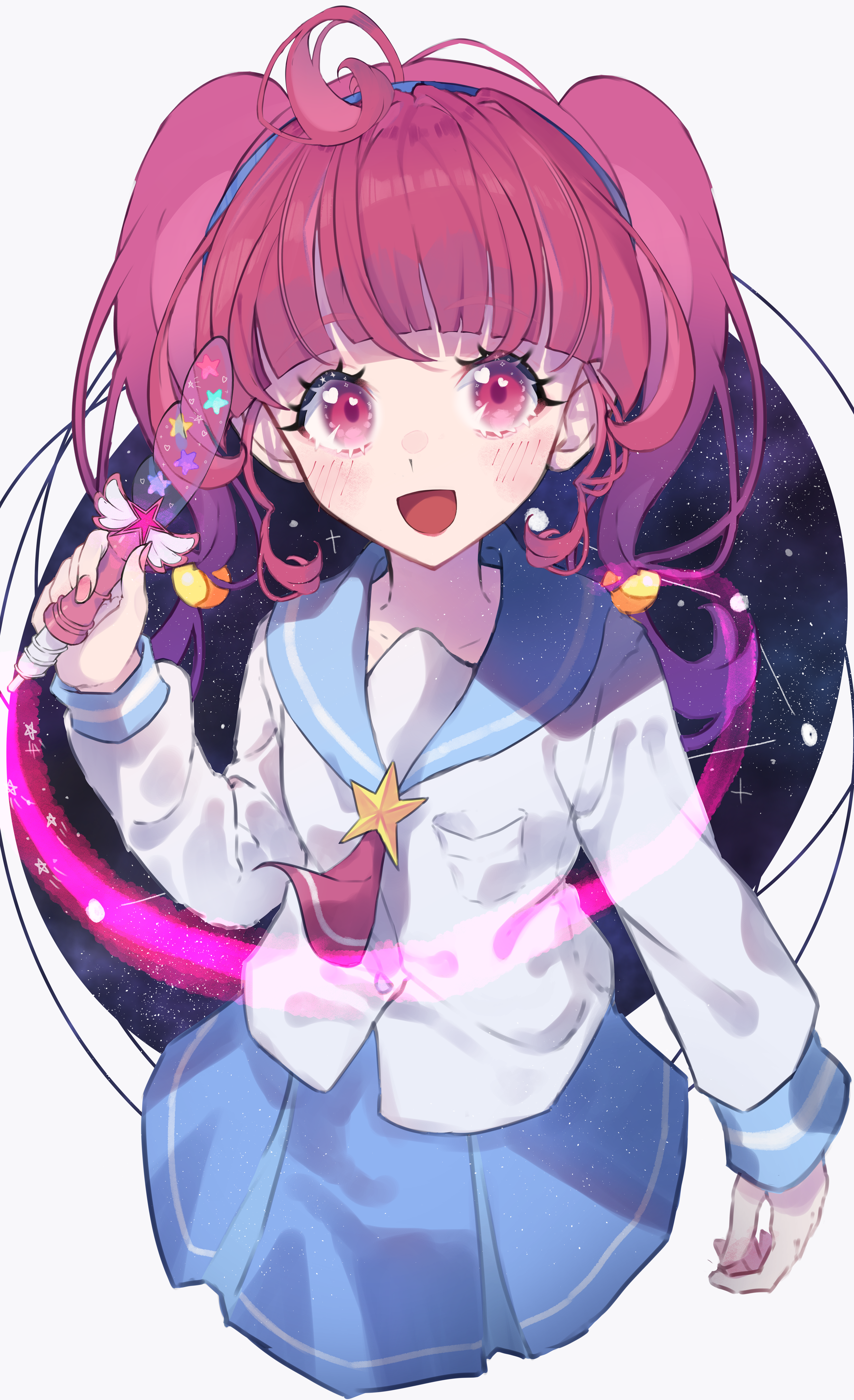 1girl :d absurdres ahoge amino_(li0a4) aries_(constellation) bad_id bad_pixiv_id blue_hairband blue_sailor_collar blue_skirt blunt_bangs constellation cowboy_shot cropped_legs hairband hand_up highres holding holding_pen hoshina_hikaru long_hair long_sleeves looking_at_viewer mihoshi_middle_school_uniform open_mouth pen pink_eyes pink_hair pleated_skirt precure sailor_collar school_uniform serafuku shirt skirt smile solo standing star_(sky) star_(symbol) star_color_pen star_twinkle_precure starry_sky_background twintails white_shirt