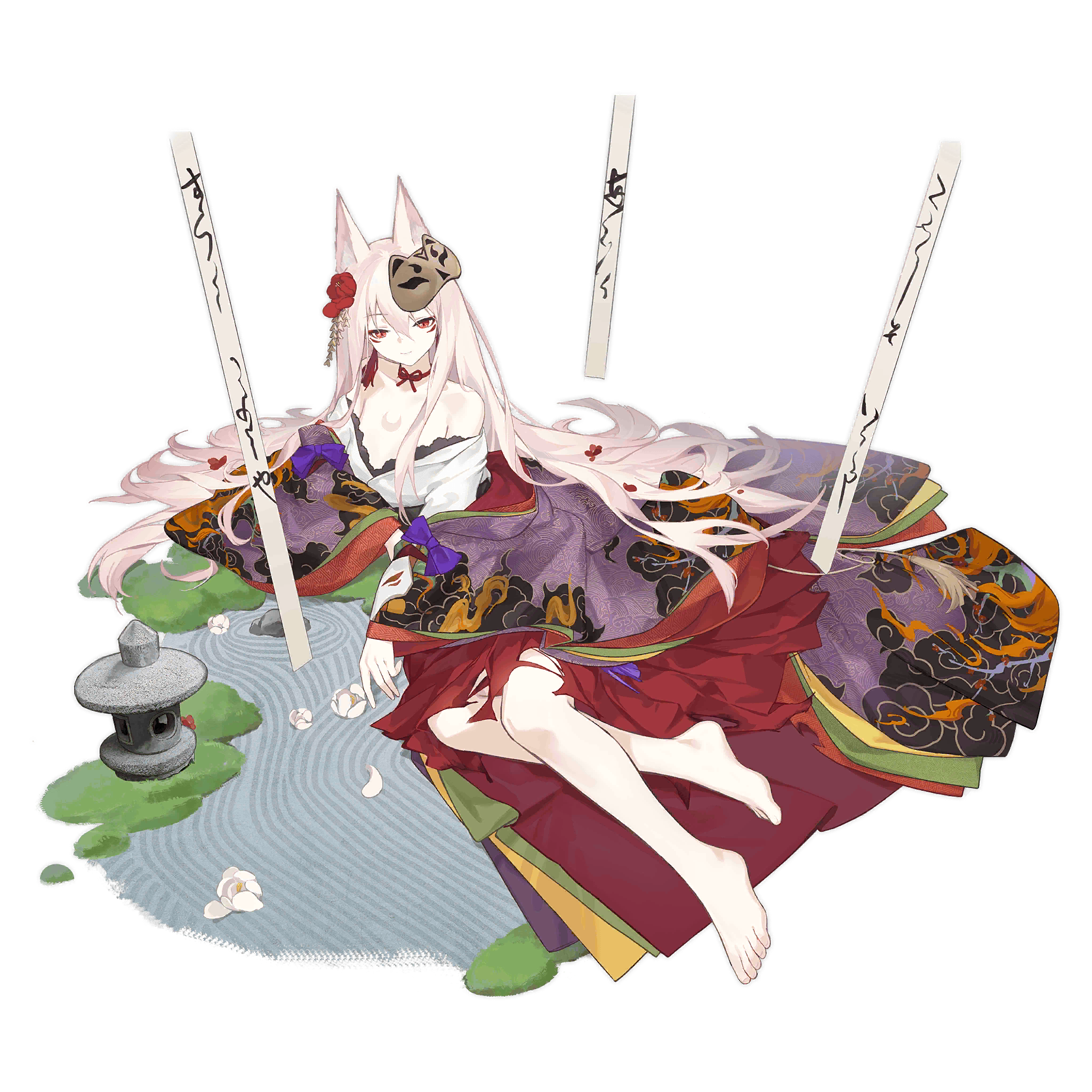 1girl animal_ears bare_legs barefoot breasts chest_tattoo closed_mouth cloud_print crescent_tattoo feet flower fox_ears full_body girls'_frontline grass hair_between_eyes hair_flower hair_ornament hakama hakama_skirt highres japanese_clothes kar98k_(girls'_frontline) kar98k_(inari_at_hatsu-uma_festival)_(girls'_frontline) kemonomimi_mode kimono layered_kimono legs long_hair lying mask mask_on_head neck_ribbon off_shoulder official_alternate_costume official_art on_side purple_kimono red_flower red_hakama red_ribbon ribbon rock rock_garden simple_background skirt small_breasts smile smile_(mm-l) solo stone_lantern tanuki_mask tattoo third-party_source toes torn_clothes torn_skirt transparent_background very_long_hair white_flower white_hair white_kimono wide_sleeves