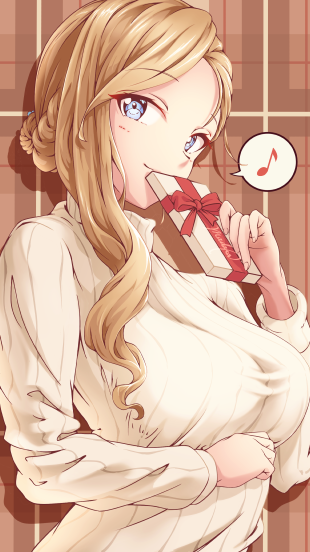 1girl alternate_costume arm_under_breasts azur_lane blonde_hair blue_eyes breasts gift holding holding_gift hood_(azur_lane) long_hair looking_at_viewer looking_to_the_side madakov_kodima medium_breasts musical_note sideways_glance smile solo spoken_musical_note sweater upper_body valentine white_sweater