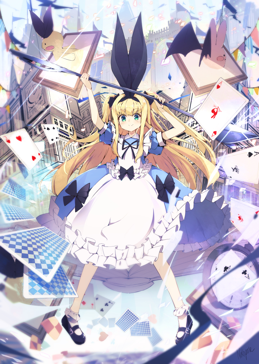 1girl ace_(playing_card) ace_of_clubs ace_of_diamonds ace_of_hearts ace_of_spades alternate_hairstyle apron black_bow black_footwear blonde_hair blue_dress bow card checkerboard_cookie clock club_(shape) cookie diamond_(shape) dress elizabeth_tower food four_of_clubs four_of_spades frilled_apron frilled_legwear frills full_body green_eyes hair_ribbon heart long_hair looking_at_viewer mononobe_alice mononobe_alice_(1st_costume) nekopote nijisanji playing_card rabbit ribbon short_sleeves signature smile spade_(shape) three_of_diamonds two_of_hearts two_side_up very_long_hair virtual_youtuber white_apron