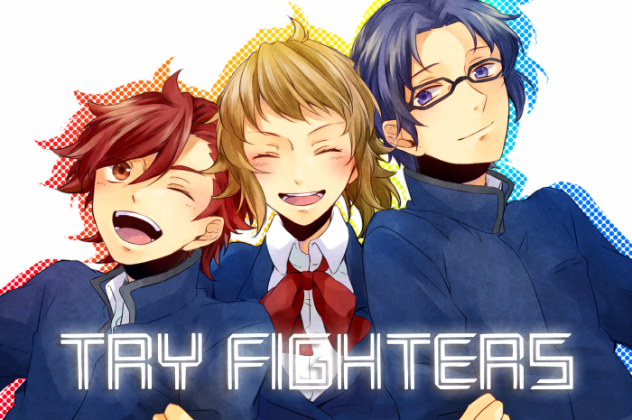 10s 1girl 2boys bad_id bad_pixiv_id blazer blue_eyes blue_hair brown_eyes brown_hair closed_eyes gakuran glasses gundam gundam_build_fighters gundam_build_fighters_try hoshino_fumina jacket kamiki_sekai kousaka_yuuma multiple_boys one_eye_closed red_hair s_dmrng school_uniform shukure_(dammerung)